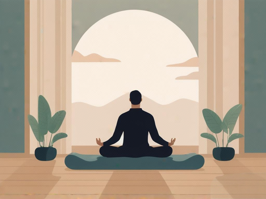 A person meditating indoors, seated on a cushion with a straight back in a tranquil, minimalist room featuring natural tones and soft lighting.