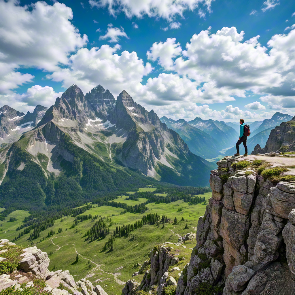 An inspiring view of a person standing on a cliff edge overlooking a majestic mountain range at sunrise, symbolizing exploration and personal growth, with vibrant hues of orange and pink lighting up the sky.