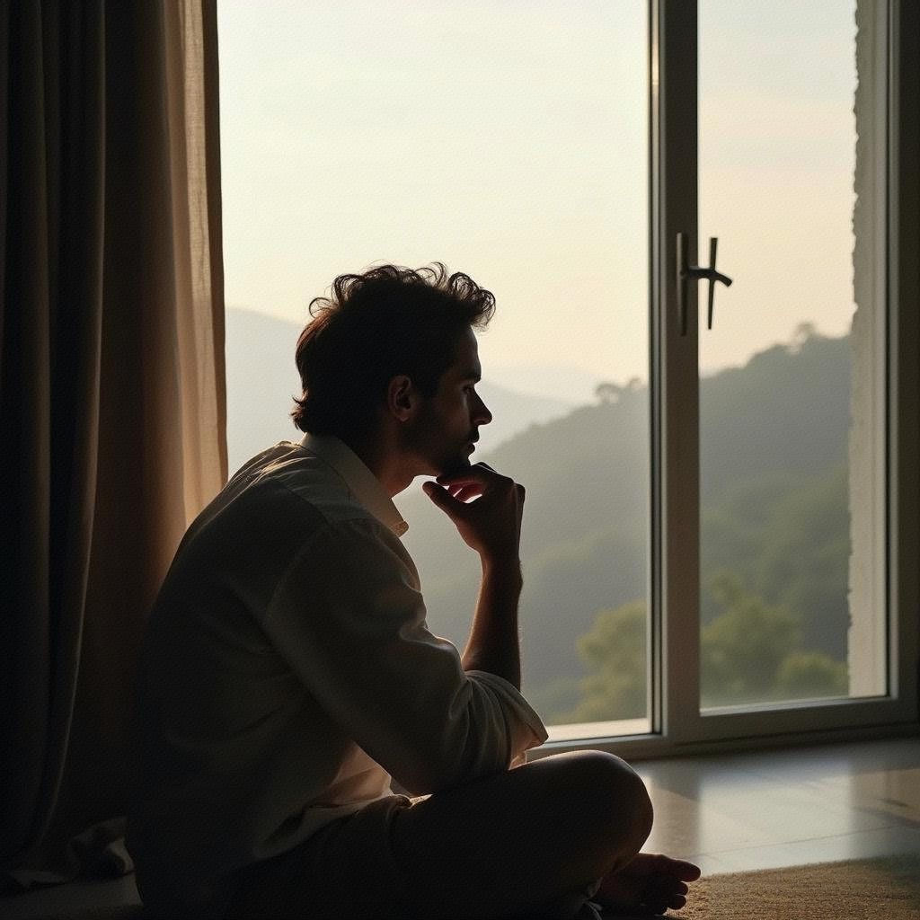 A serene illustration of a person meditating in a calm, natural setting with intuitive light patterns, symbolizing mindfulness and intuition