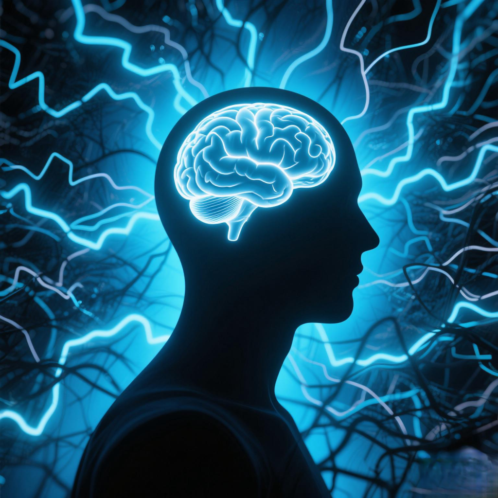 Glowing brain inside a human silhouette with chaotic electric waves fading into calm blue light — symbolizing brainwave reset, mental clarity, and focus enhancement