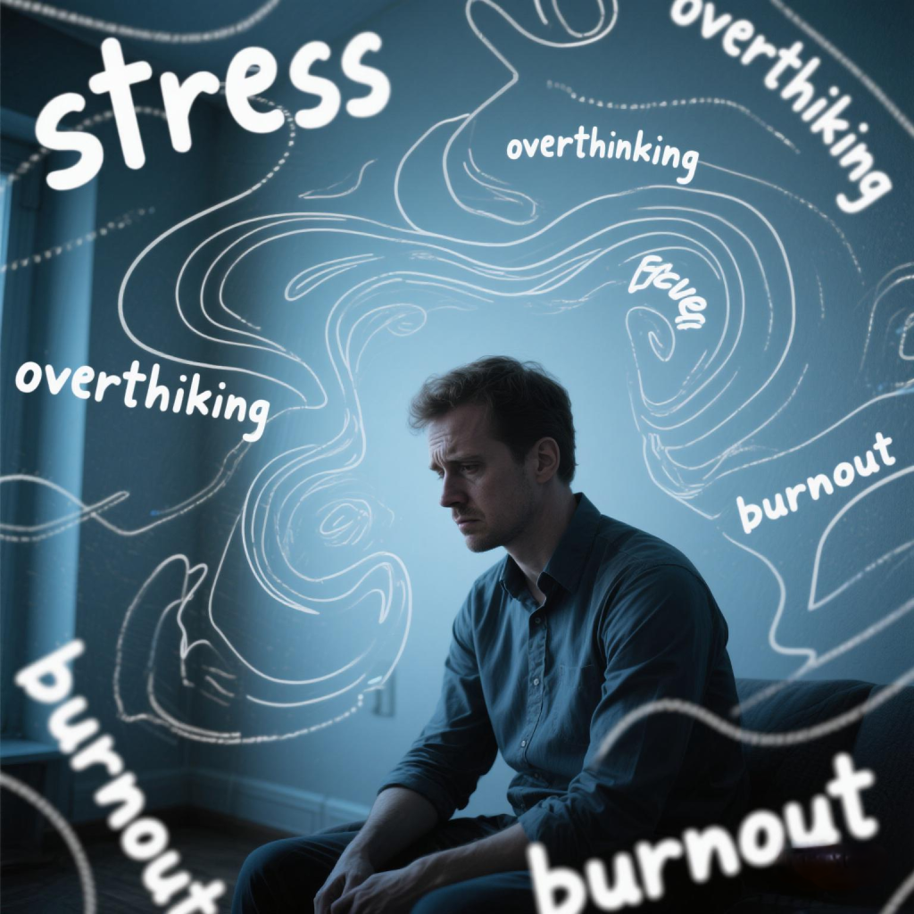 Stressed person sitting alone in a dim room, surrounded by swirling thoughts and words like “stress”, “overthinking”, and “burnout” — visualizing inner mental chaos and emotional overwhelm