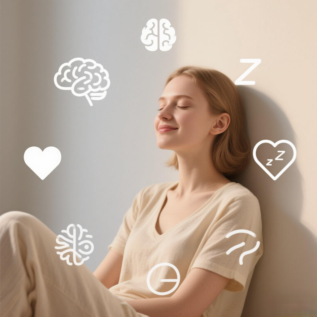 Peaceful woman with eyes closed and gentle smile, surrounded by icons of brain, sleep, heart, and clarity — representing inner balance, emotional wellness, and improved cognitive function