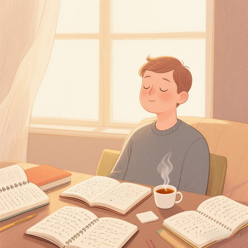A person sitting peacefully in soft morning light, eyes closed, surrounded by a notebook and tea — representing calm focus and mindful presence in a busy world.