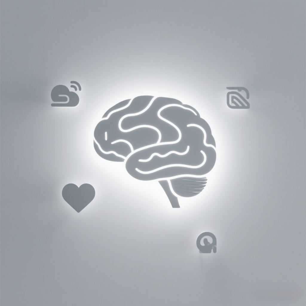 A stylized brain with glowing neural pathways representing balance and mental clarity, surrounded by icons for sleep, heart, breath, and calm.