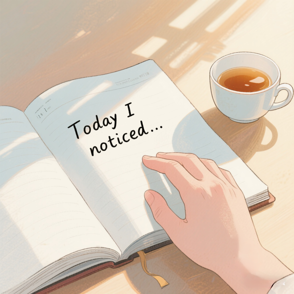 A peaceful hand resting on an open journal under soft sunlight, with a cup of tea nearby and a page titled “Today I noticed...” — representing mindful reflection and journaling.