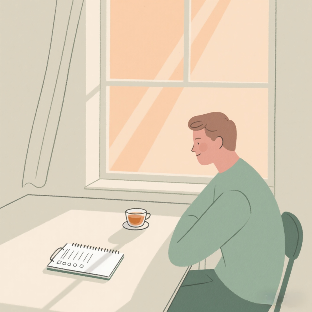 Illustration of a peaceful mindful morning with a person, sunrise, tea, and checklist — representing clarity and intention to start the day.