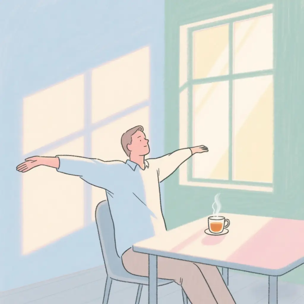 Illustration of a peaceful morning routine with a person stretching by a sunny window, tea nearby, and soft natural light – representing mindful living and calm beginnings.