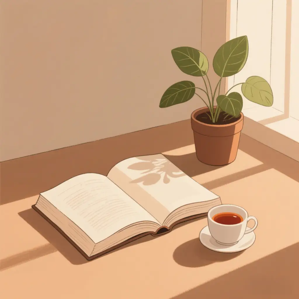 A cozy mindful reading scene with an open book, a cup of tea, soft natural light, and a plant on a wooden table—inviting a calm, focused atmosphere for present-moment reading.