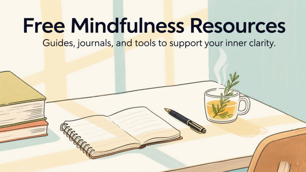 calm minimalist workspace with journal, pen, and herbal tea on a wooden desk bathed in soft natural light, symbolizing mindful productivity and inner clarity