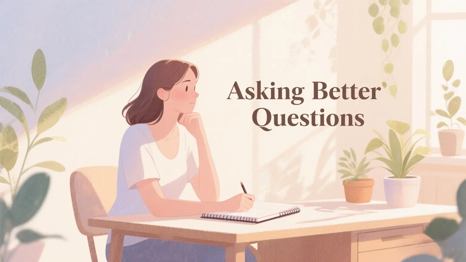 Illustration of a calm woman journaling at a desk with warm sunlight and plants, symbolizing the shift from judgment to learning through asking better questions.
