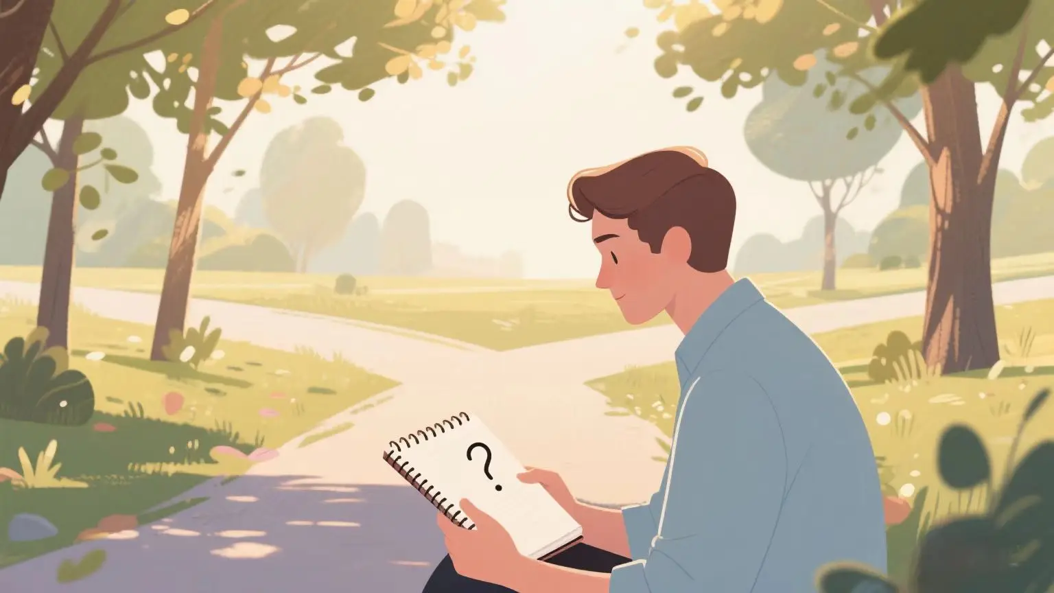 A person sitting peacefully at a crossroads in nature, journaling mindful questions to find clarity when feeling stuck.