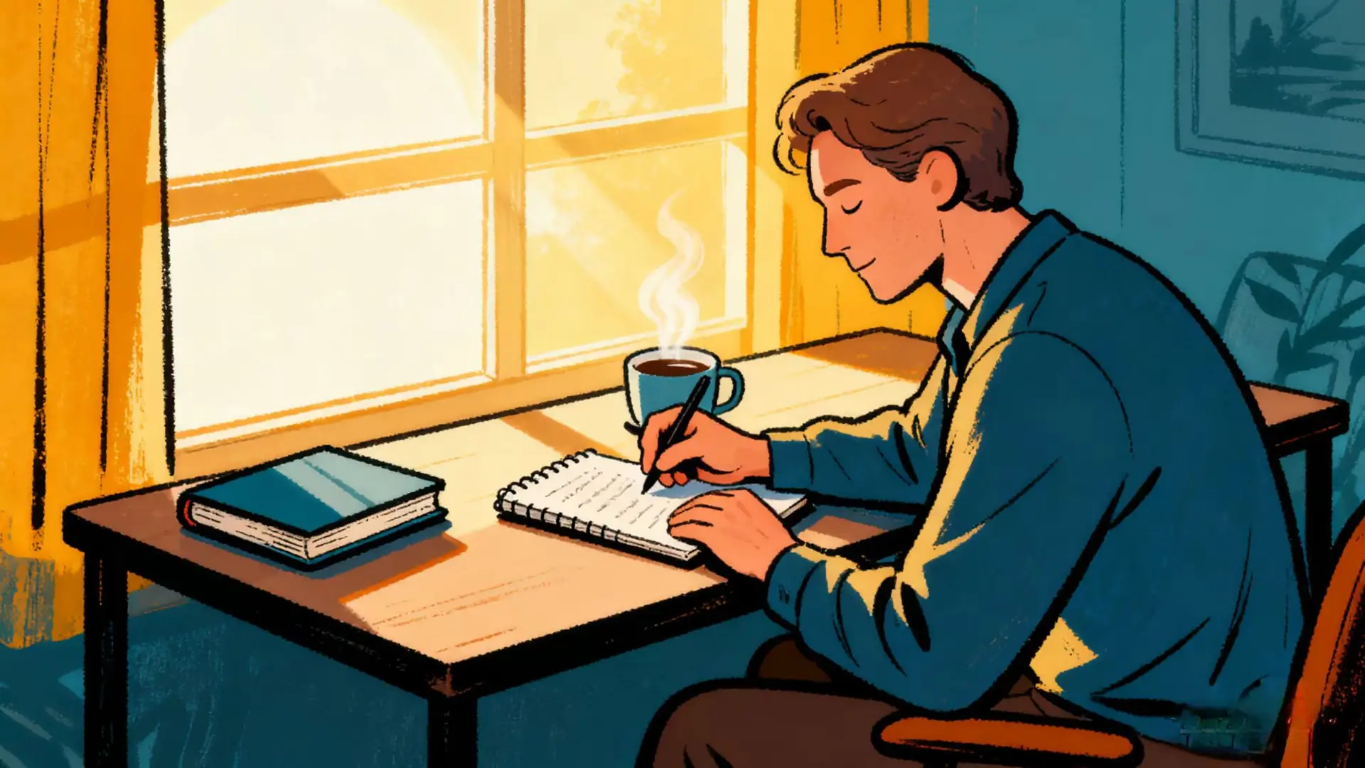 A calm person journaling at a sunlit desk with coffee, representing daily reflection prompts for curiosity and calm.