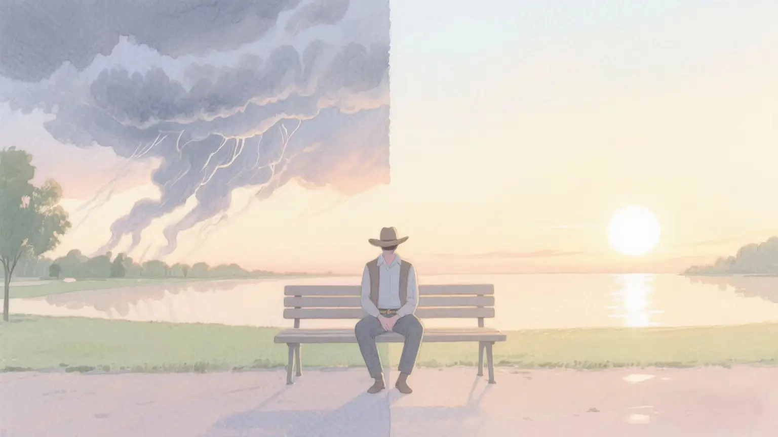 Illustration of a person shifting from reacting to reflecting, symbolized by storm clouds on one side and sunlight on the other.
