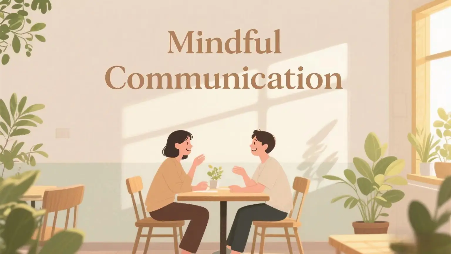 Two people talking mindfully at a café table with warm sunlight and plants, symbolizing open-ended questions improving relationships.