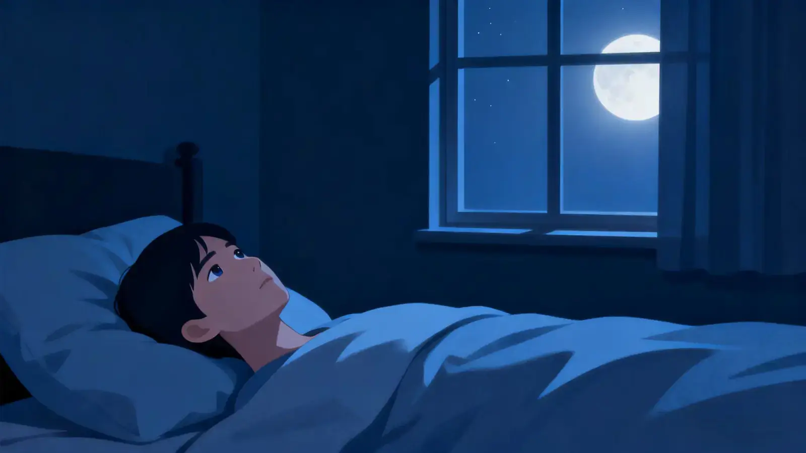 Person lying awake in bed at night, mind racing with thoughts