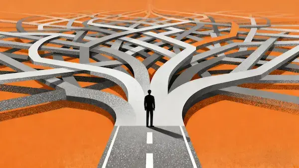 Illustration of a person standing at a crossroads with hundreds of tangled signposts representing analysis paralysis