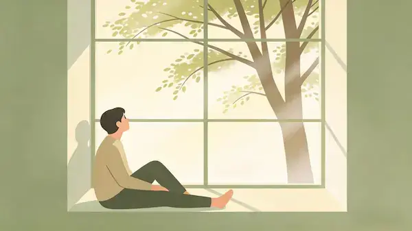 Illustration of a person sitting quietly practicing mindfulness near nature