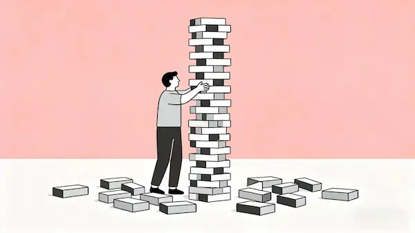 Illustration of a person trying to build a perfect tower but ignoring the beautiful imperfect blocks