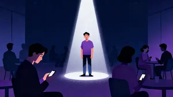 Illustration of a person standing under a spotlight representing social anxiety overthinking