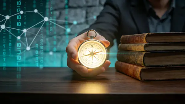 A human silhouette using a light-up compass in a sea of digital code, symbolizing navigation and critical thinking - Insighttext