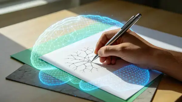 Abstract representation of human-AI cognitive collaboration, a glowing neural network merging with a hand-drawn sketch