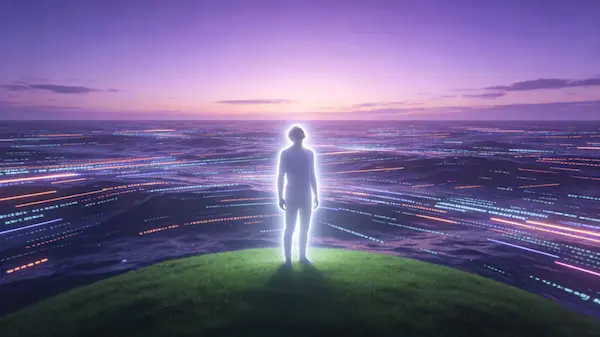 Person standing calmly against a backdrop of fast moving light
