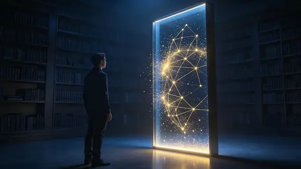 A digital mirror reflecting a mind-map representing self-reflection