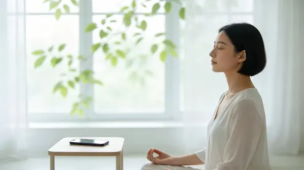 A person meditating in a sunlit room with their smartphone placed face-down at a distance, illustrating the intersection of mindfulness and digital minimalism.