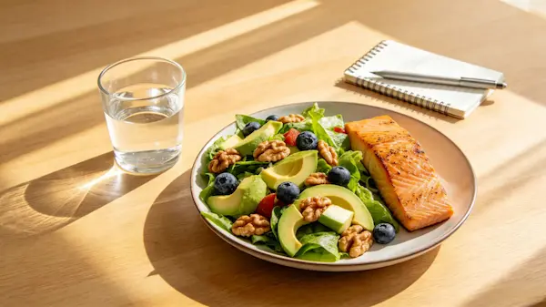 A vibrant, healthy meal with avocado, salmon, and walnuts served on a sunlit wooden table with no screens nearby, representing mindful eating for brain power
