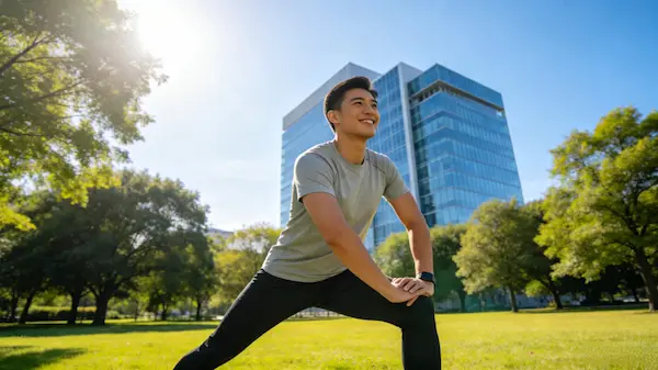 An energetic professional stretching in a sunlit park during a work break, representing how physical activity resets the brain for mental focus