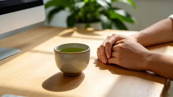 A serene wooden desk next to a sunny window with a steaming mug of tea, conveying a sense of calm and mental focus