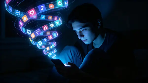 Person trapped in a digital scrolling loop in a dark room