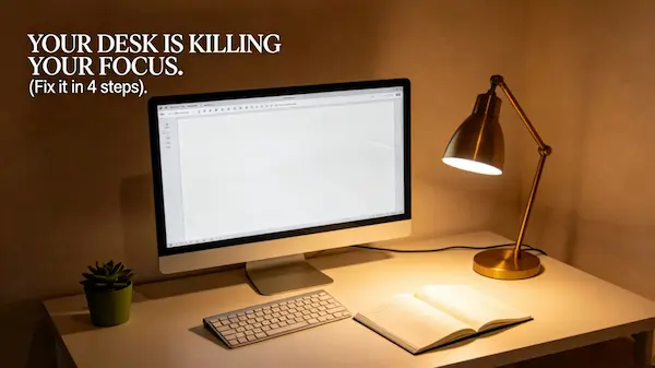 A clean, minimalist desk setup optimized for focus with a screen, keyboard, desk lamp, and potted plant, representing an environment optimized to minimize distractions.